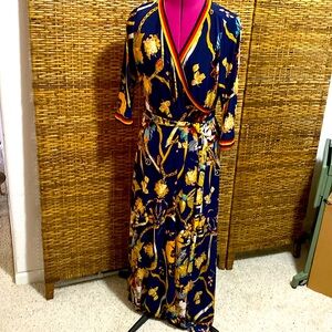 EUC Mlle Gabrielle blue golden yellow red three quarter sleeve maxi Dress 1X